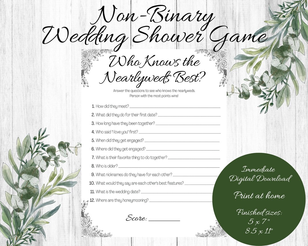 Nonbinary Wedding Shower Game, Who Knows the Nearlyweds Best, They