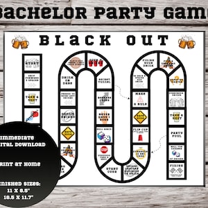 Puede incluir: Un tablero de juego imprimible en blanco y negro para una despedida de soltero. El juego se llama "Black Out" y presenta una variedad de desafíos de juegos de beber. El tablero está diseñado para imprimirse en casa y viene en dos tamaños: 11 x 8,5 pulgadas y 16,5 x 11,7 pulgadas.