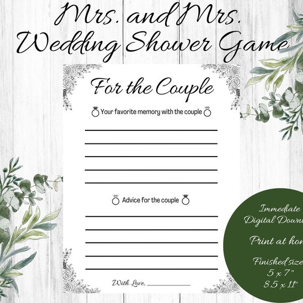 Lesbian Wedding Shower Game, Advice for the couple, favorite memory with couple, Wedding Party Game, Bridal Shower Game