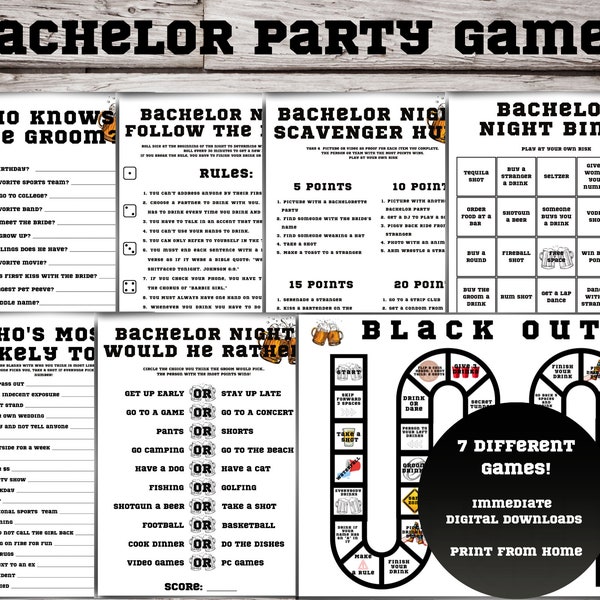 Bachelor Party Games Bundle Pack, Scavenger Hunt, Who Knows the Groom, Bingo, Would He Rather, Follow the Rules, Most Likely To, Black out