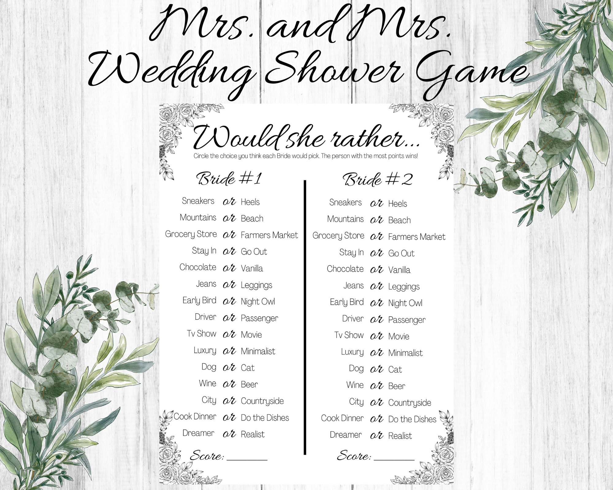 Lesbian Wedding Shower Game, Would She Rather, Bride and Bride, Who ...