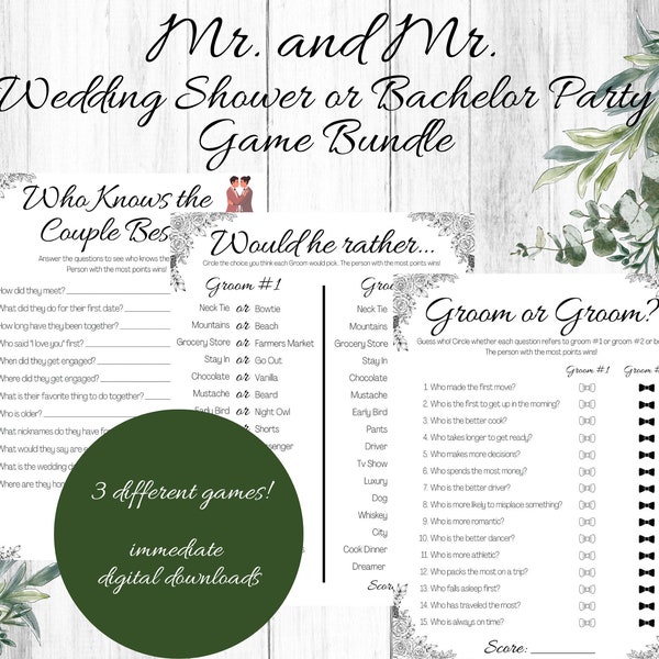 Gay Wedding Shower Games, Flower Design, Gay Bachelor Party Games, Who Knows the Couple, Groom or Groom?, Would He Rather, Game Bundle