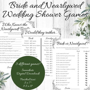 May include: Three printable wedding shower games with a green and white floral design. The games are "Who Knows the Nearlyweds", "Would They Rather", and "Bride or Nearlywed".