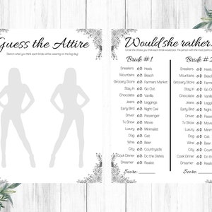May include: A printable bridal shower game with two sections. The first section is a "Guess the Attire" game with two blank silhouettes of women. The second section is a "Would She Rather..." game with a list of 14 choices for each of two brides.