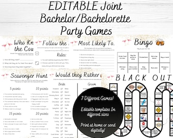 May include: A printable set of bachelorette party games. The games include "Who Knows the Couple", "Follow the Drink", "Most Likely To", "Scavenger Hunt", "Would They Rather", "Bingo", and "Blackout".