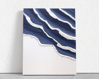 Textured Minimalist Canvas Wall Art Blue, Custom Plaster Textured Coastal Ocean Painting, Home Decor