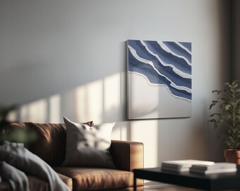 Textured Minimalist Canvas Wall Art Blue, Custom Plaster Textured Coastal Ocean Painting, Home Decor