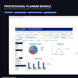 Professionelles Planungspaket: Excel, Google Tabellen | Produktivitätssystem, Aufgaben, Projekte, Ziele, Gewohnheitstracker, Dashboard