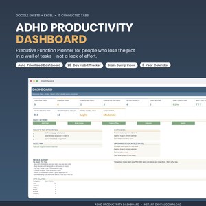 ADHD Productivity Dashboard | Executive Function Planner | Excel & Google Sheets | Task Tracker | Habit Tracker | Digital Planner