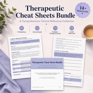 May include: A Therapeutic Cheat Sheets Bundle featuring a comprehensive clinical reference collection with 14 modalities. The documents include detailed text on Cognitive Behavioral Therapy, the cognitive model, and treatment stages with purple accents.