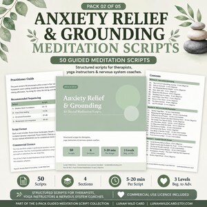 Anxiety Relief & Grounding. 50 Guided Meditation Scripts. Therapist, Nervous System Coach Resource. Structured Outlines. Commercial Licence