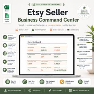 Op de afbeelding: Een digitaal spreadsheet-systeem voor Etsy-verkopers genaamd Etsy Seller Business Command Center. Het scherm toont een Home Dashboard met statistieken voor totale omzet, nettowinst, brutowinst, conversieratio, omzetgroei, winstmarge, belastingen, contant geld en voorraadwaarde. Pictogrammen voor Excel en Google Sheets zijn zichtbaar.