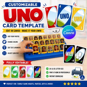 May include: A customizable UNO card template featuring red, blue, and yellow cards with landscape graphics. The set includes a blue game board with portrait slots, a Wild +4 card, and text elements stating Customizable UNO Card Template, Edit in Canva, and Fully Editable.