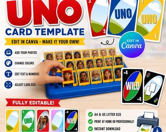 Plantilla de cartas UNO personalizadas editable en Canva, cartas de juego UNO personalizadas, cartas UNO con fotos, juego de fiesta personalizable, descarga instantánea.