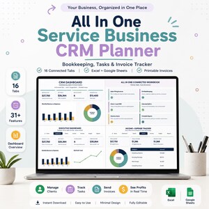 Painel de CRM completo para empresas de serviços | Planilhas Excel e Google | Controle de contas, tarefas e faturas para freelancers e pequenas empresas