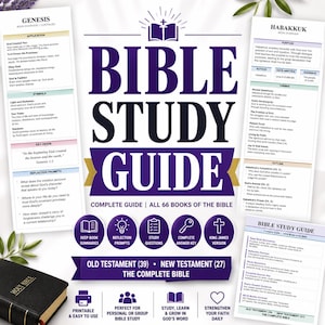 May include: A Bible study guide featuring the title BIBLE STUDY GUIDE in large purple text. The document includes book overviews for Genesis and Habakkuk, circular icons for study features, and text indicating it covers all 66 books of the Bible.