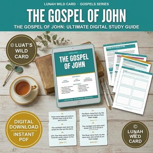 May include: A digital study guide for The Gospel of John displayed on a tablet, accompanied by printed worksheets, a Bible, a teacup, and six small cards with text. The tablet screen shows book details, chapter study sections, and memory cards.