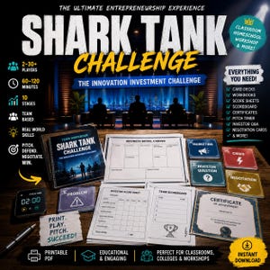 May include: The Shark Tank Challenge board game set includes a spiral-bound team workbook, a business model canvas, investor score sheets, a team scoreboard, and various cards labeled Marketing, Crisis, and Negotiation. It also features a pitch timer, a certificate of achievement, and a note saying Print. Play. Pitch. Succeed.