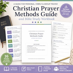 Puede incluir: Una guía de métodos de oración cristiana y cuaderno de estudio bíblico con 16 páginas de hojas de trabajo guiadas. El documento incluye una descripción general de métodos de oración como ACTS, SOAP, PRAY, PRAISE, 3 R's y 5 Finger Prayer.