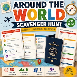 Pode incluir: Conjunto de jogo de caça ao tesouro Around the World com 50 cartões de pistas, um livreto azul My Passport World Explorer e uma lista de rastreamento de passaporte. Os cartões mostram capitais, marcos, fatos e códigos para idades 8-12.