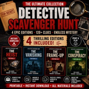 May include: A digital detective scavenger hunt game set featuring four editions: The Heist, The Vanishing, The Frame-Up, and The Conspiracy. The graphic includes text such as The Ultimate Collection, 120+ Clues, and Endless Mystery, with icons for instant download and print and play options.