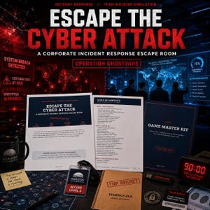 May include: A corporate incident response escape room kit titled Escape the Cyber Attack, featuring printed manuals, a Top Secret evidence file, an Access Level 5 badge, a digital timer showing 90:00, a black mug, and a USB drive on a dark background.