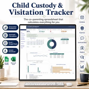 Puede incluir: Una hoja de cálculo digital para el seguimiento de la custodia y visitas de menores en un monitor. El panel incluye cálculos automáticos, un calendario, un gráfico circular de división de custodia y seguimiento de gastos para Excel y Google Sheets.