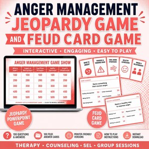 Anger Management Feud Game Card Printable & Jeopardy PowerPoint | Therapy Game. SEL Activity. Counseling Game | Interactive Therapy Activity