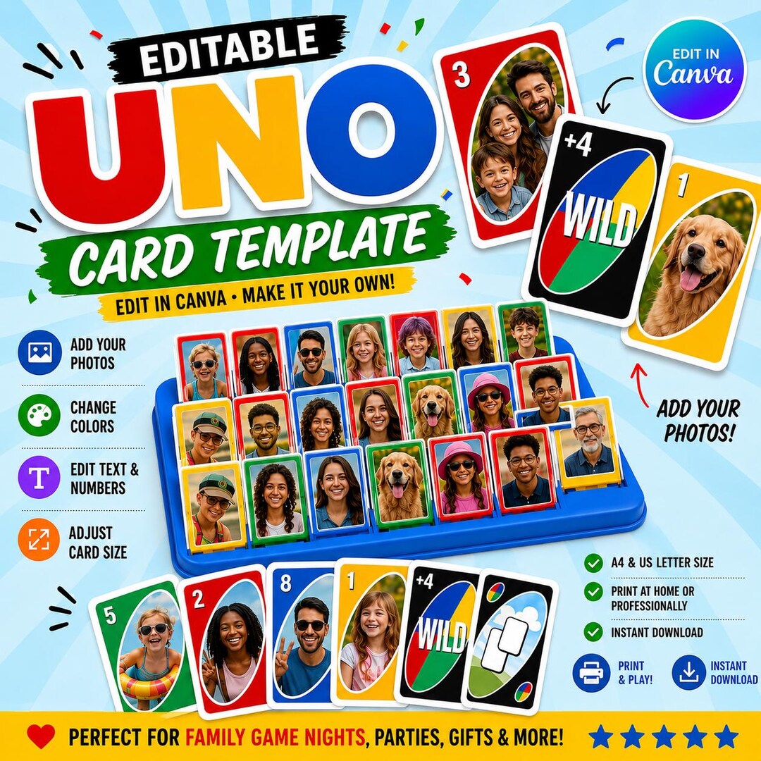 Custom UNO Card Template Canva Editable, Personalized Uno Game Cards ...
