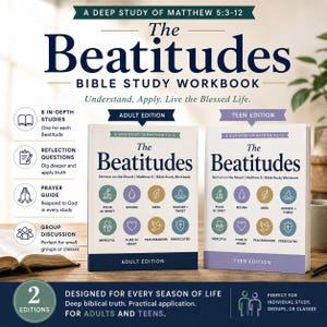 Könnte beinhalten: Zwei Bibelstudien-Arbeitsbücher mit dem Titel The Beatitudes, eine Erwachsenenausgabe mit dunkelblauem Fuß und eine Jugendausgabe mit hellviolettem Fuß. Beide zeigen acht kreisförmige Symbole, die verschiedene biblische Themen darstellen.