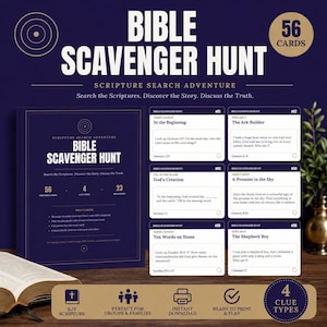 May include: A Bible Scavenger Hunt game set featuring 56 cards with scripture search activities. The dark blue box and cards display white text including titles, verse lookups, and fill-in-the-blank questions. A horizontal banner lists features like KJV scripture, group suitability, and instant download options.
