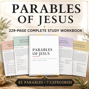 May include: A 229-page study workbook titled Parables of Jesus, featuring a central white cover with black text and four surrounding open pages displaying category headers like Mercy & Grace, Kingdom Parables, Prayer & Persistence, and Stewardship.