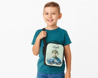 Spersonalizowana torba na lunch dla dzieci / Niestandardowy wzór krokodyla wyścigowego z imieniem / Izolowany szkolny lunchbox dla chłopców i dziewcząt / Lunchbox dla malucha