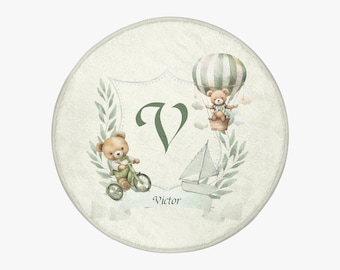 Personalized Name Rug for Kids Room - Custom Teddy Bear Nursery Decor - Round Baby Rug with Initial - Cute Nursery Rug