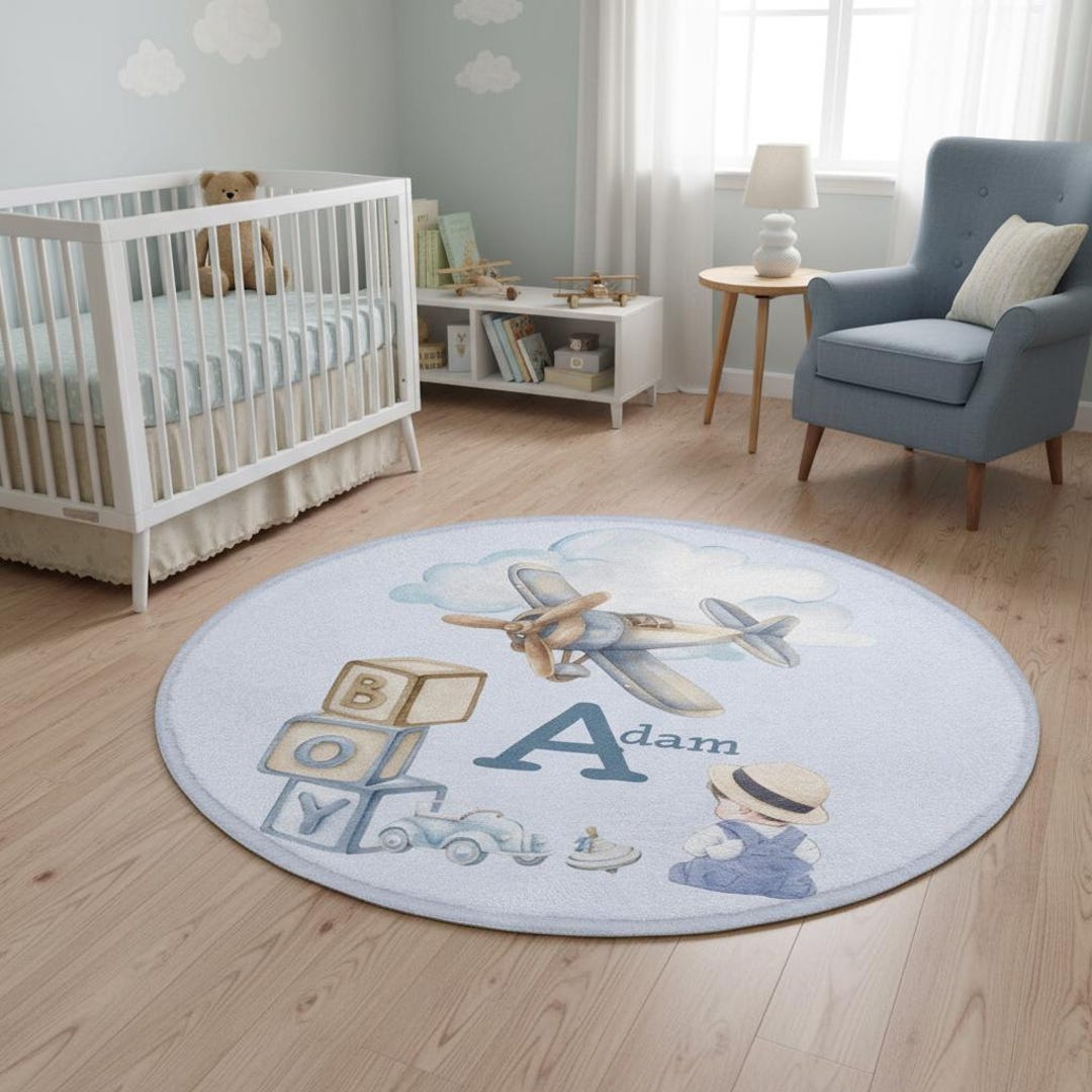 Custom Rugs For Baby Personalized Boy Nursery Rug - Vintage Airplane & Toys Design - Custom ...