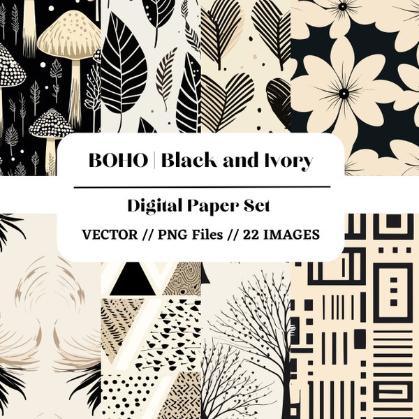 Black and Ivory Digital Paper Set, Seamless Textures, Boho Patterns, Doodle Backgrounds, Trendy Patterns, Printable, 22 Items Commercial Use