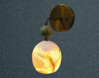 Brass Alabaster Luxury Modern Wall Sconce, Handmade Stone Accent Lamp For Bedside Reading Light, Hallway, Entryway Lighting & Home Decor.