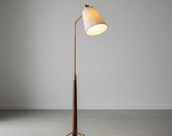 Handmade Wood and Brass Tripod Floor Lamp, Mid Century Modern Scandinavian Style, Adjustable Reading Standing Light