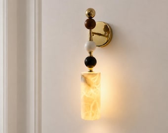 Handmade Alabaster Brass Wall Sconce, Mid-Century Modern Marble Stone Light
