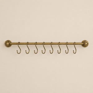 Unlacquered Brass Wall Mount Pot Rack, Hanging Bar Kitchen Rail with S Hooks for Pans Utensils, Handmade Brass Kitchen Storage.