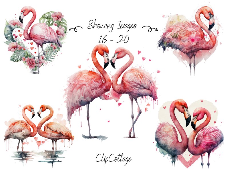 May include: Five watercolour illustrations of pink flamingos in various poses. Some flamingos are in a heart shape, while others are standing alone. The illustrations are surrounded by pink hearts and a watercolour background.