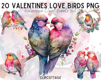 Valentines Birds Clipart PNG Sublimation Bundle | 20 Transparent Love Birds and Hearts Watercolour Digital Download Designs | Commercial Use