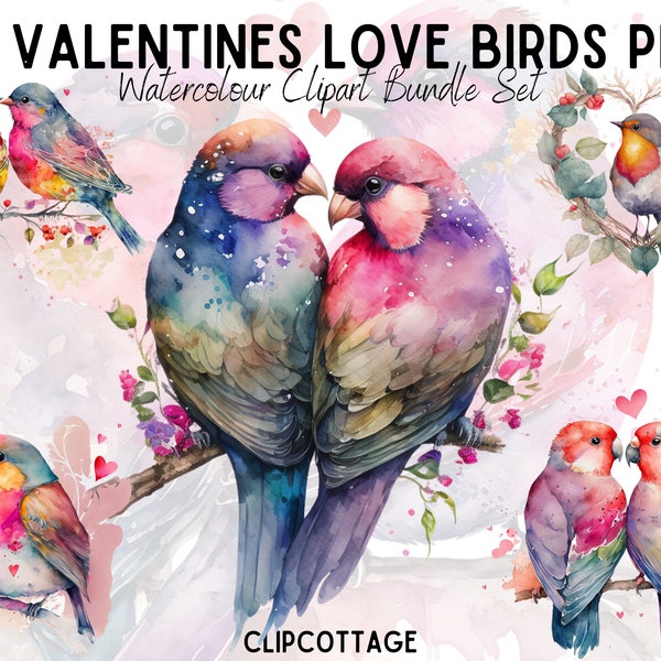 Valentines oiseaux Clipart PNG Sublimation Bundle | 20 Inséparables transparents et dessins de téléchargement numérique aquarelle de coeurs | Un usage commercial