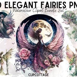 Fairy Clipart PNG Sublimation Bundle | 20 Transparent Elegant Magical Pixie Watercolour Digital Download POD Design Prints | Commercial Use