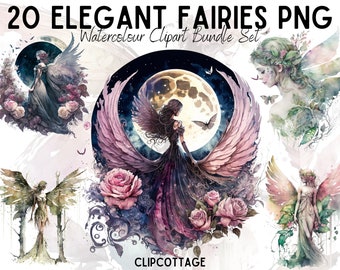 Fairy Clipart PNG Sublimation Bundle | 20 Transparent Elegant Magical Pixie Watercolour Digital Download POD Design Prints | Commercial Use