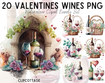 Valentine Wine Clipart PNG Sublimation Bundle | 20 Transparent Bottles and Hearts Watercolour Digital Download Design Print | Commercial Use