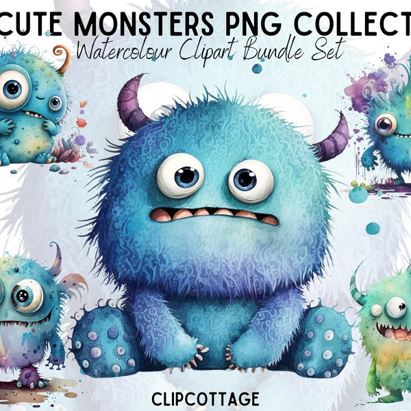 20 süße Monster Aquarell Clipart Bundle - PNG Sublimation Illustrationen für Einladungen, Scrapbooking und Kunsthandwerk - Kommerzielle Nutzung Inc.