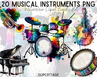 20 Musical Instruments Watercolour Clipart PNG Illustrations Bundle for Sublimation, T-Shirts, and POD Products With Commercial Licence