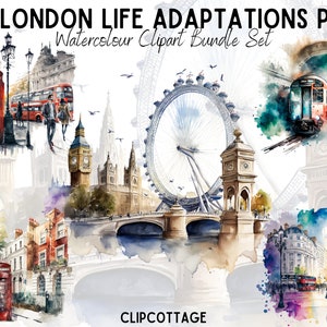 London Travel Clipart PNG Sublimation Bundle | 20 Transparent UK Red Buses Country City Life Watercolour Digital Download | Commercial Use