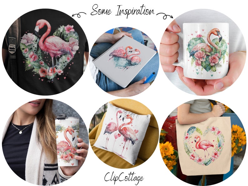 May include: A set of six different products featuring a watercolour illustration of pink flamingos in a heart-shaped floral wreath. The products include a t-shirt, a tote bag, a mug, a cushion, a tumbler, and a notebook.